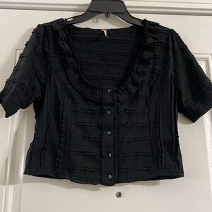 Free People Black Textured Button-Up Blouse